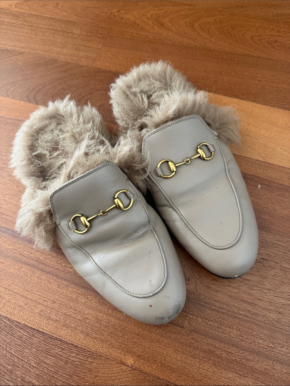 Gucci Beige Taupe Fur-Lined Leather Horsebit Mules